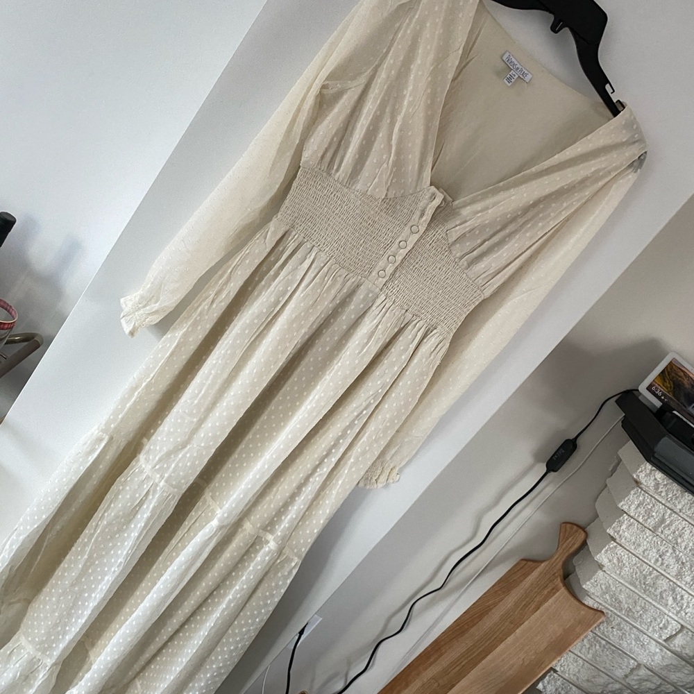 Patrons of Peace Cream Maxi Dress with Smocked Swiss dot tiered long sleeve